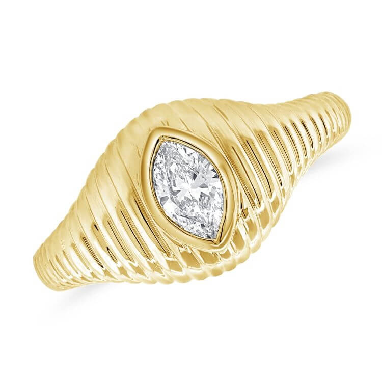 Radiating Bezel Set Marquise Diamond Signet Ring in 14k gold with fluted band and 0.32 carat marquise diamond.
