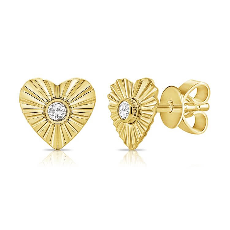 Radiating Diamond Heart Stud Earrings with fluted detailing and bezel-set diamond center.