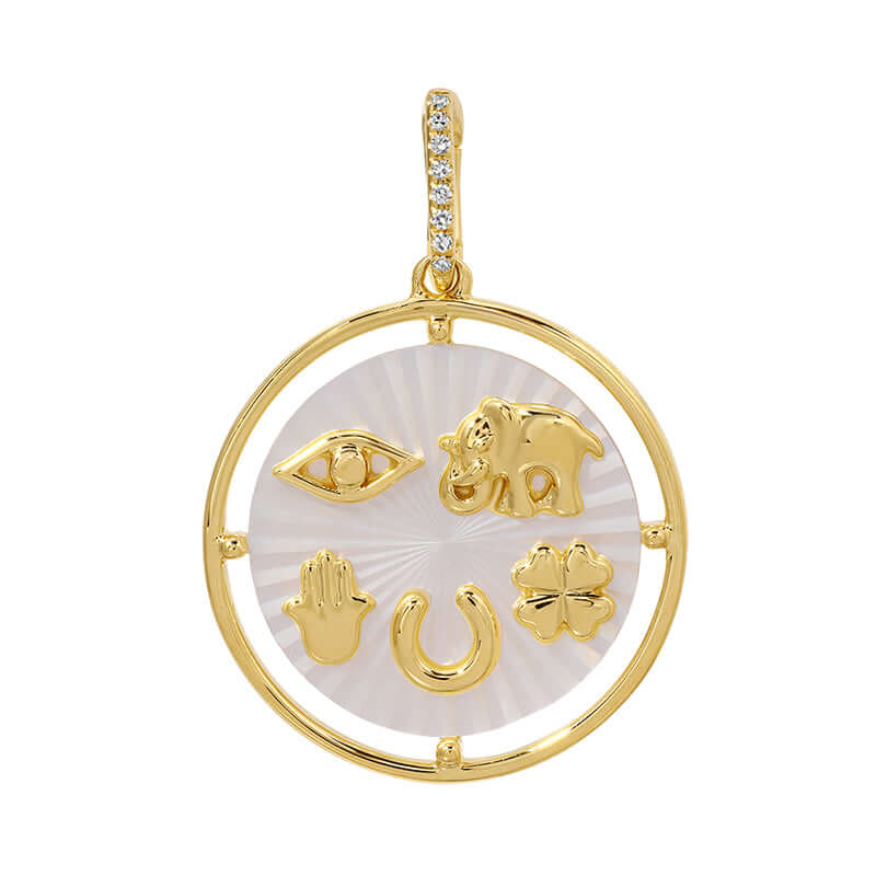 Radiating Mother of Pearl Lucky Charms Diamond Pendant with gold charms and diamond enhancer, showcasing iridescent detail.