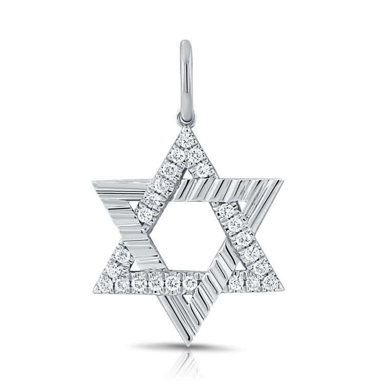 Radiating Star of David Diamond Pendant featuring 14k gold and pavé diamonds in a unique design.