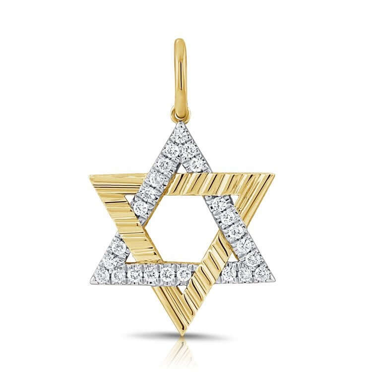 Radiating Star of David Diamond Pendant in 14k gold with fluted finish and pavé diamonds for a luminous look.
