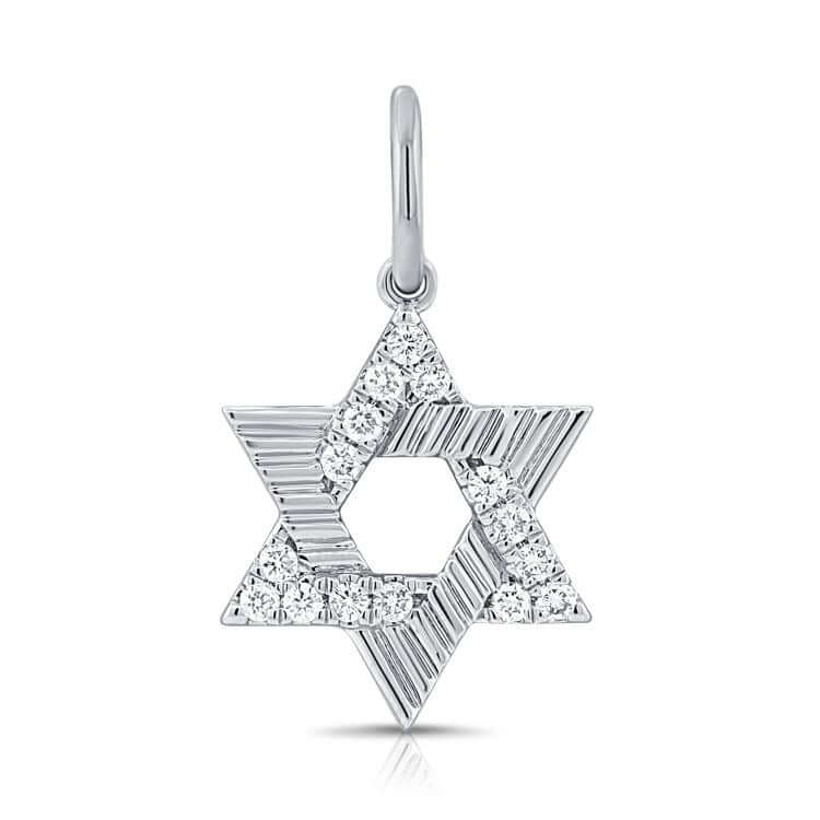 Radiating Star of David Diamond Pendant in 14k gold with fluted finish and pavé diamonds.