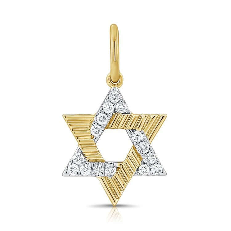 Radiating Star of David Diamond Pendant featuring 14k gold with fluted and pavé diamond textures.