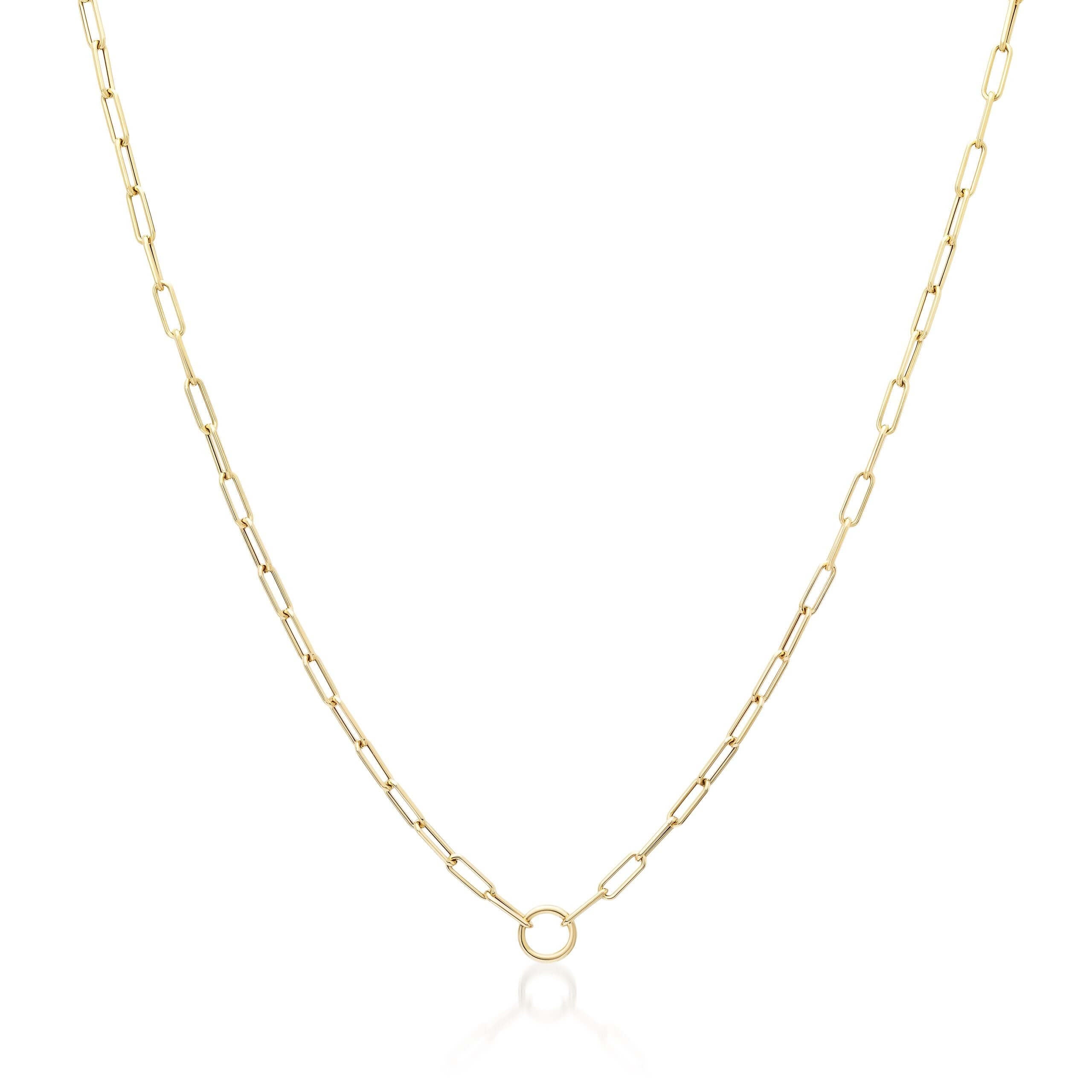 Rounded Paper Clip Charm Enhancer Gold Necklace featuring smooth rounded links in 14K gold.