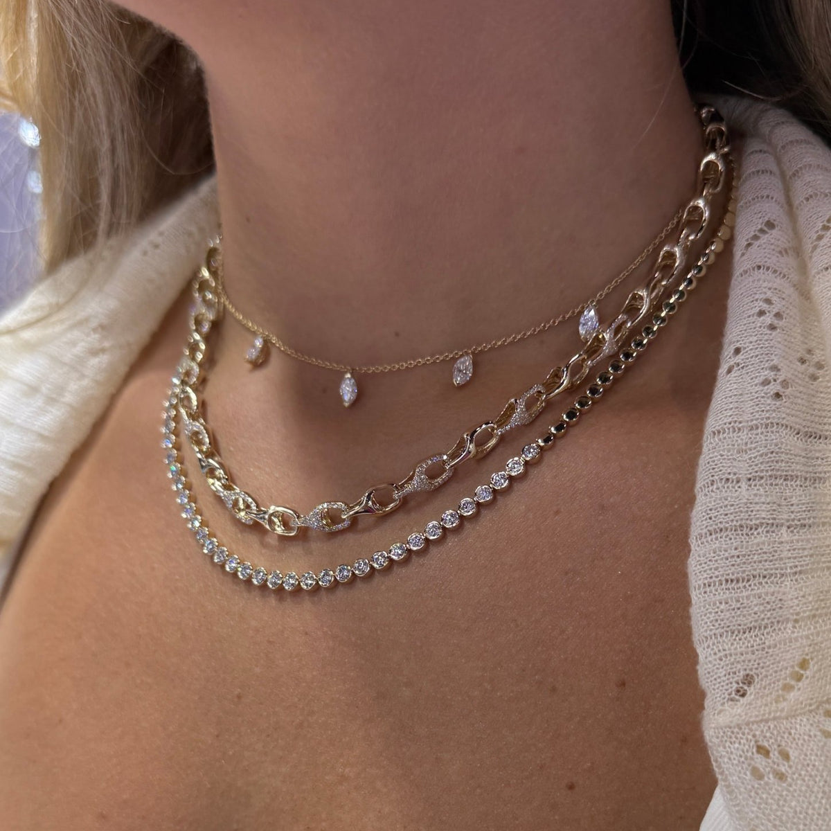 Sculpted Pave Diamond Link Necklace in 14k yellow gold, layered on the neck