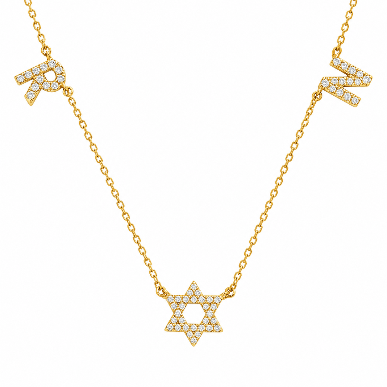 Personalized Initials & Motif Diamond Necklace featuring initials and a Star of David motif in 14K gold with diamonds.