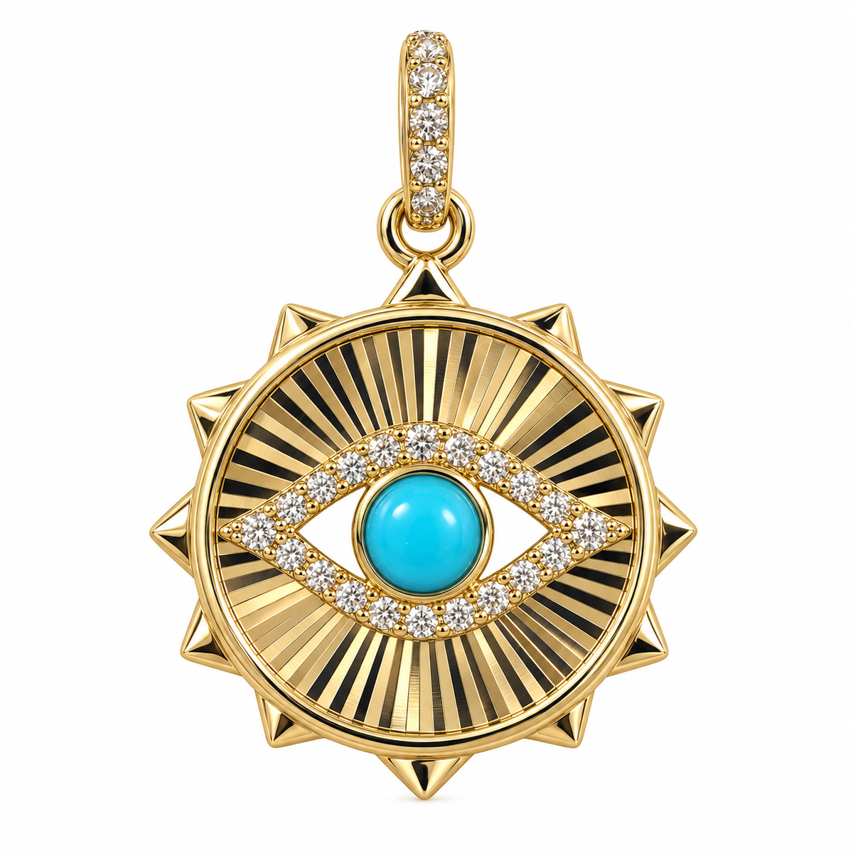 Turquoise Diamond Fluted Evil Eye Pendant in 14k yellow gold with natural diamonds, Izakov Fine Jewelry