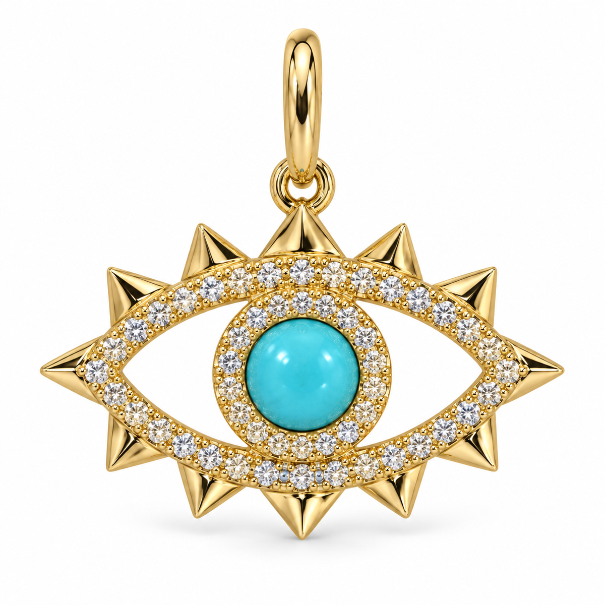 Turquoise Diamond Spiked Evil Eye Pendant in 14k yellow gold with natural diamonds, Izakov Fine Jewelry