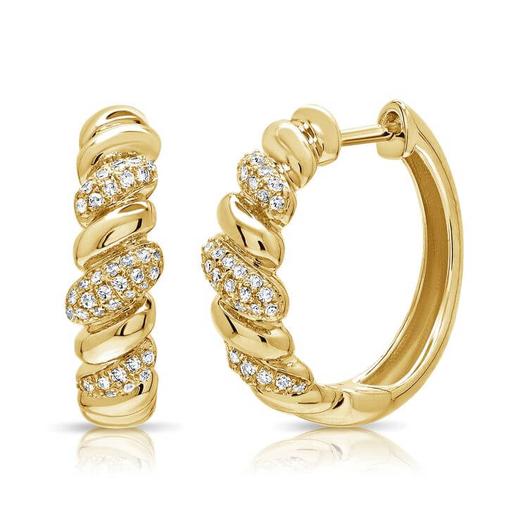 Twisted Diamond Pave Hoop Earrings featuring sparkly pavé diamonds in a sophisticated twisted design.