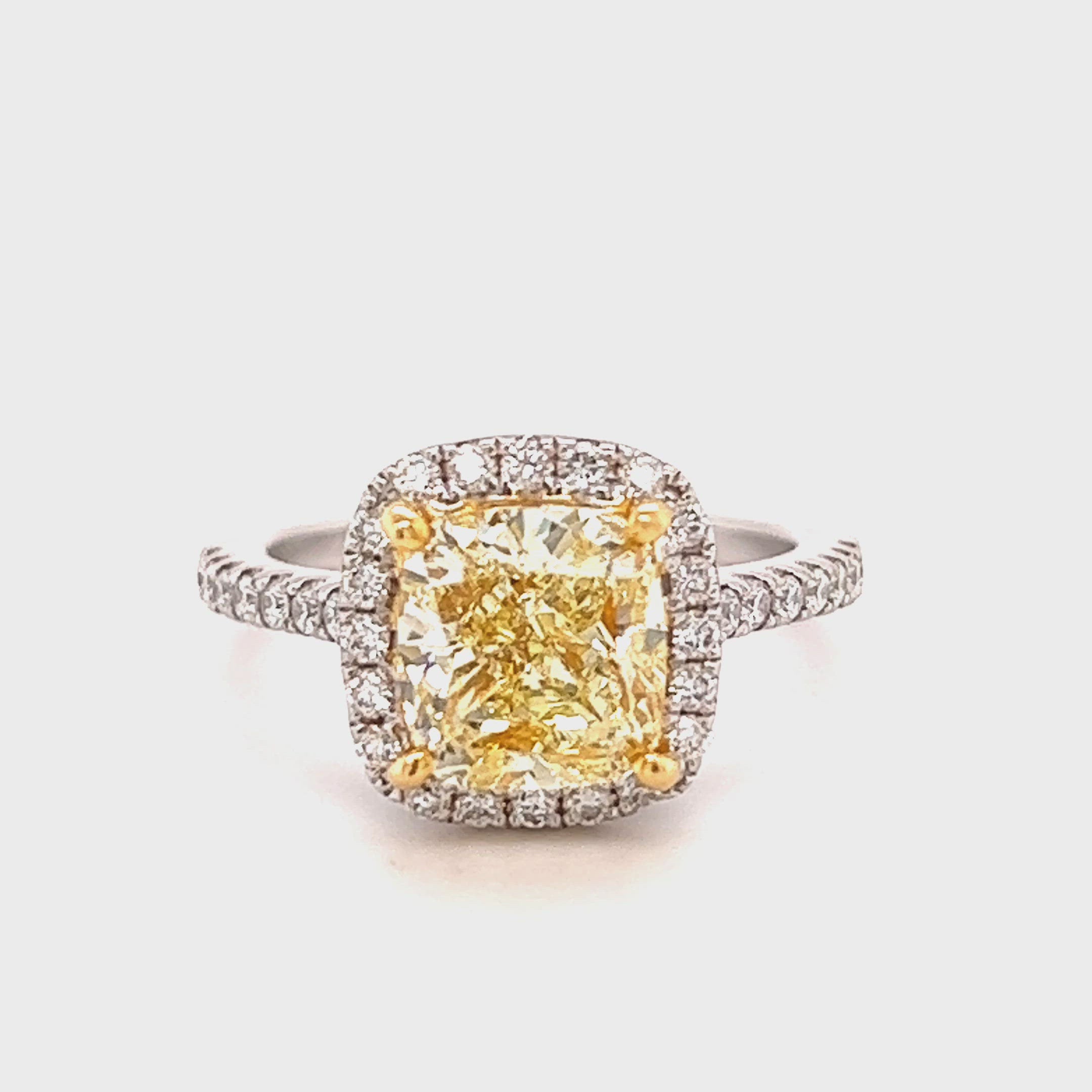 18K Gold 3.06CTW Fancy Yellow Cushion Diamond Halo Engagement Ring