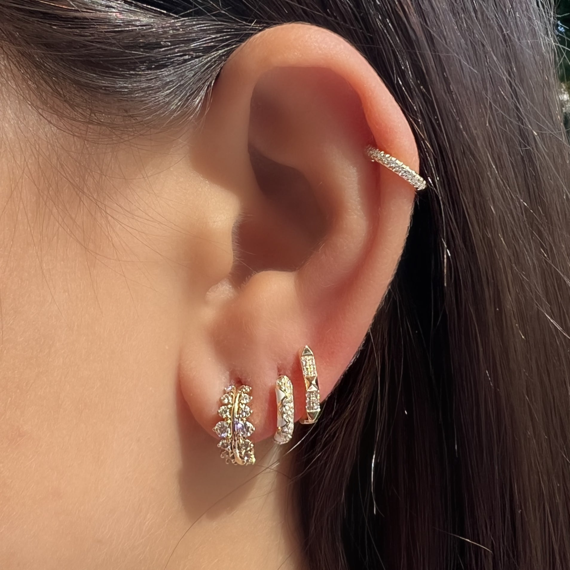 14K Gold 2-Row Micro Pave Diamond Pyramid Stud Huggies - Earrings - Izakov Diamonds + Fine Jewelry