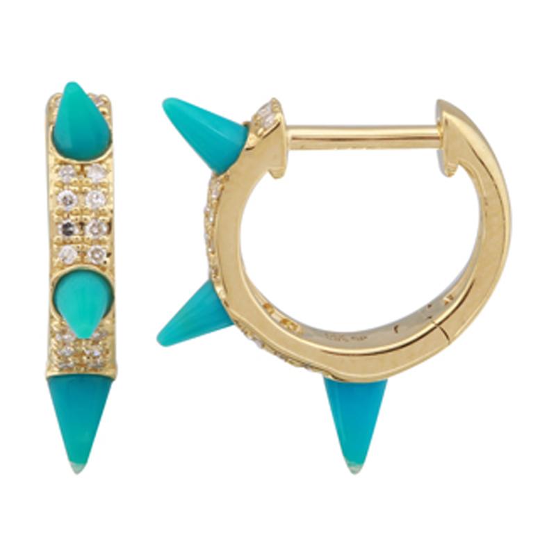 14K Gold 2-Row Micro Pave Diamonds Turquoise Spike Huggies Yellow Gold Izakov Diamonds + Fine Jewelry