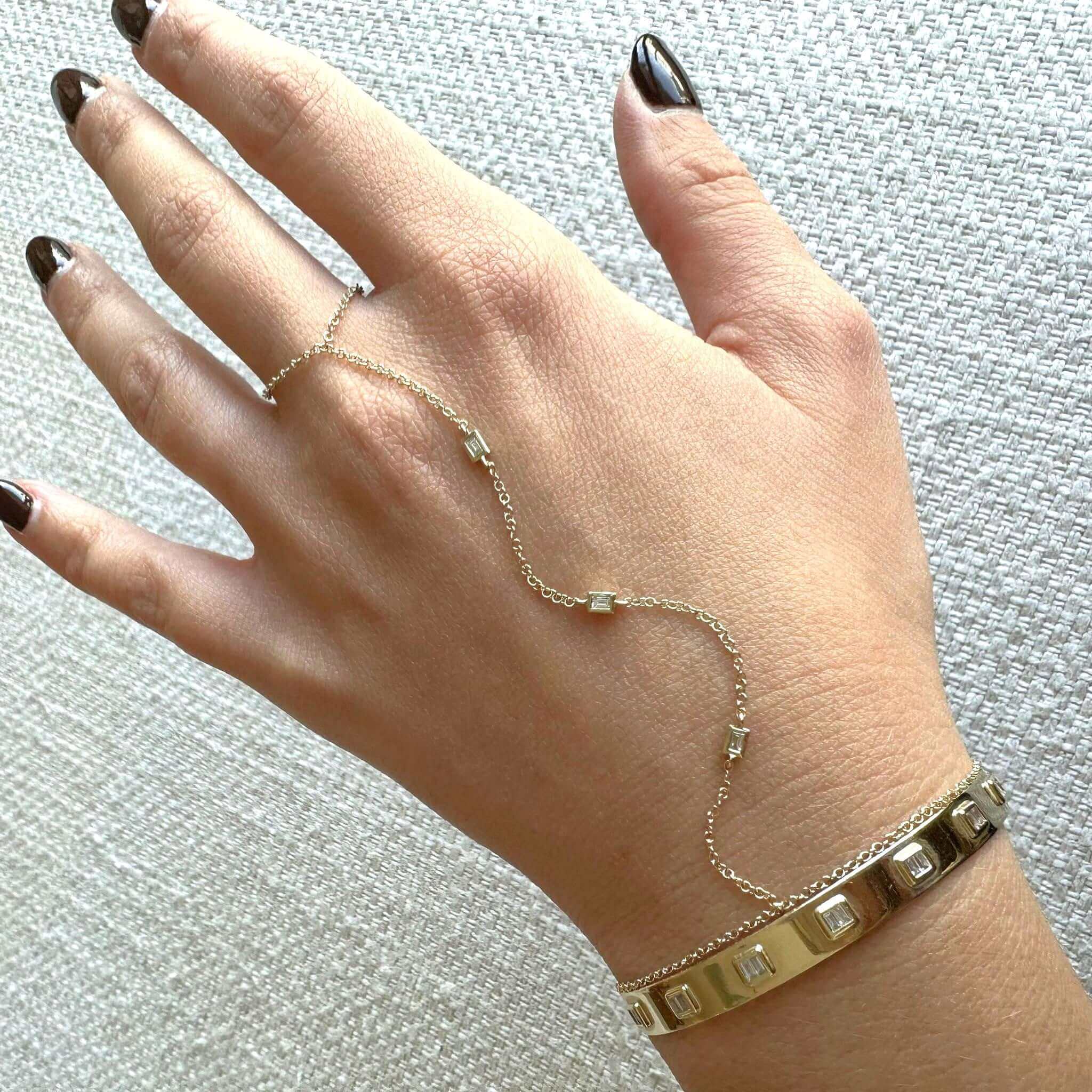 14K Gold Baguette Bezel Stations Diamond Hand Chain - Body Jewelry - Izakov Diamonds + Fine Jewelry
