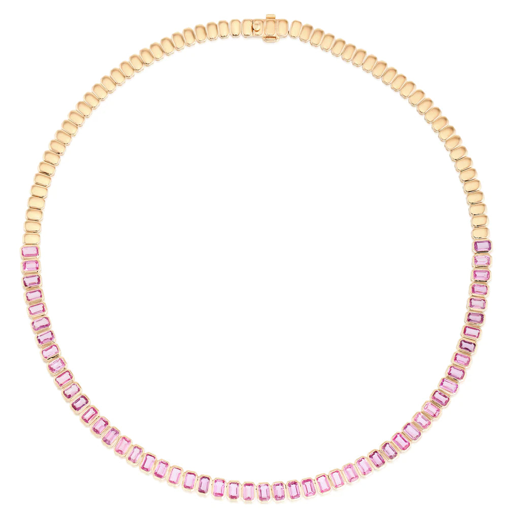 14K Gold Bezel Emerald Cut Pink Sapphire Necklace Yellow Gold Izakov Diamonds + Fine Jewelry