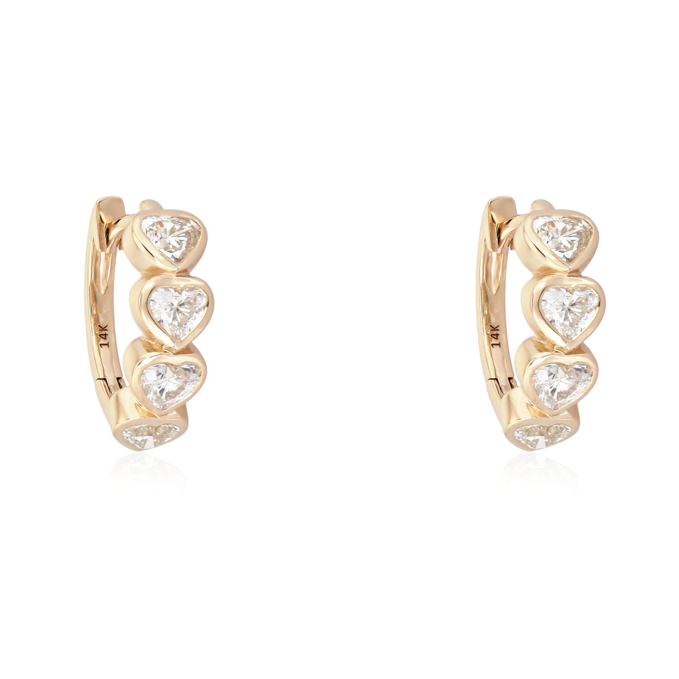 14K Gold Bezel Heart Shaped Diamonds Huggies - Earrings - Izakov Diamonds + Fine Jewelry
