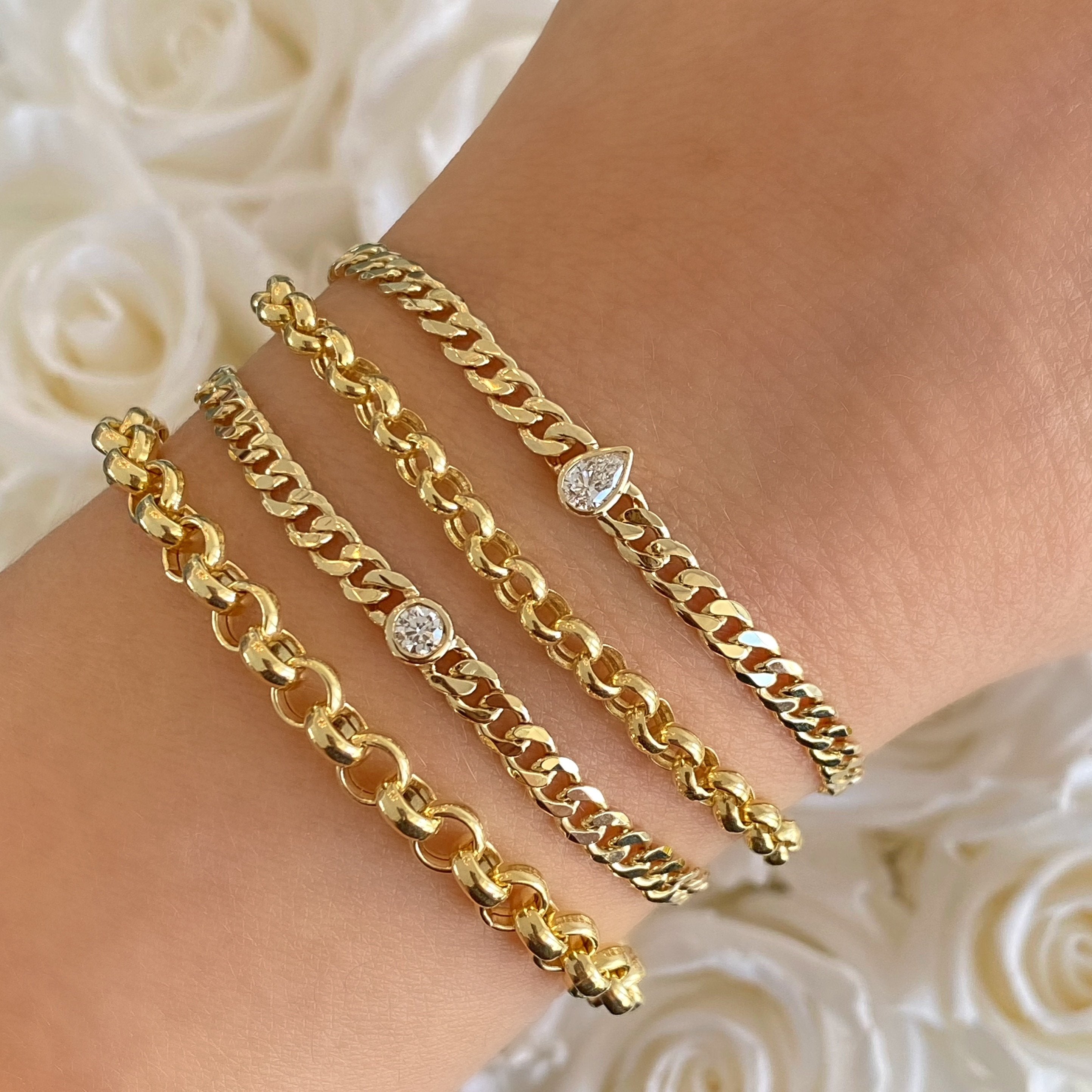 14K Gold Bezel Pear Shaped Diamond Cuban Link Bracelet - Bracelets - Izakov Diamonds + Fine Jewelry