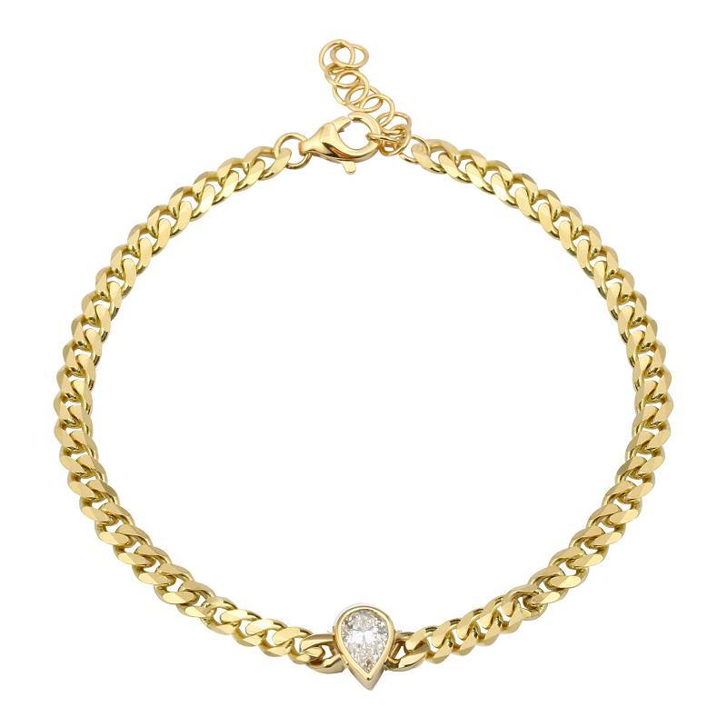 14K Gold Bezel Pear Shaped Diamond Cuban Link Bracelet Yellow Gold Izakov Diamonds + Fine Jewelry