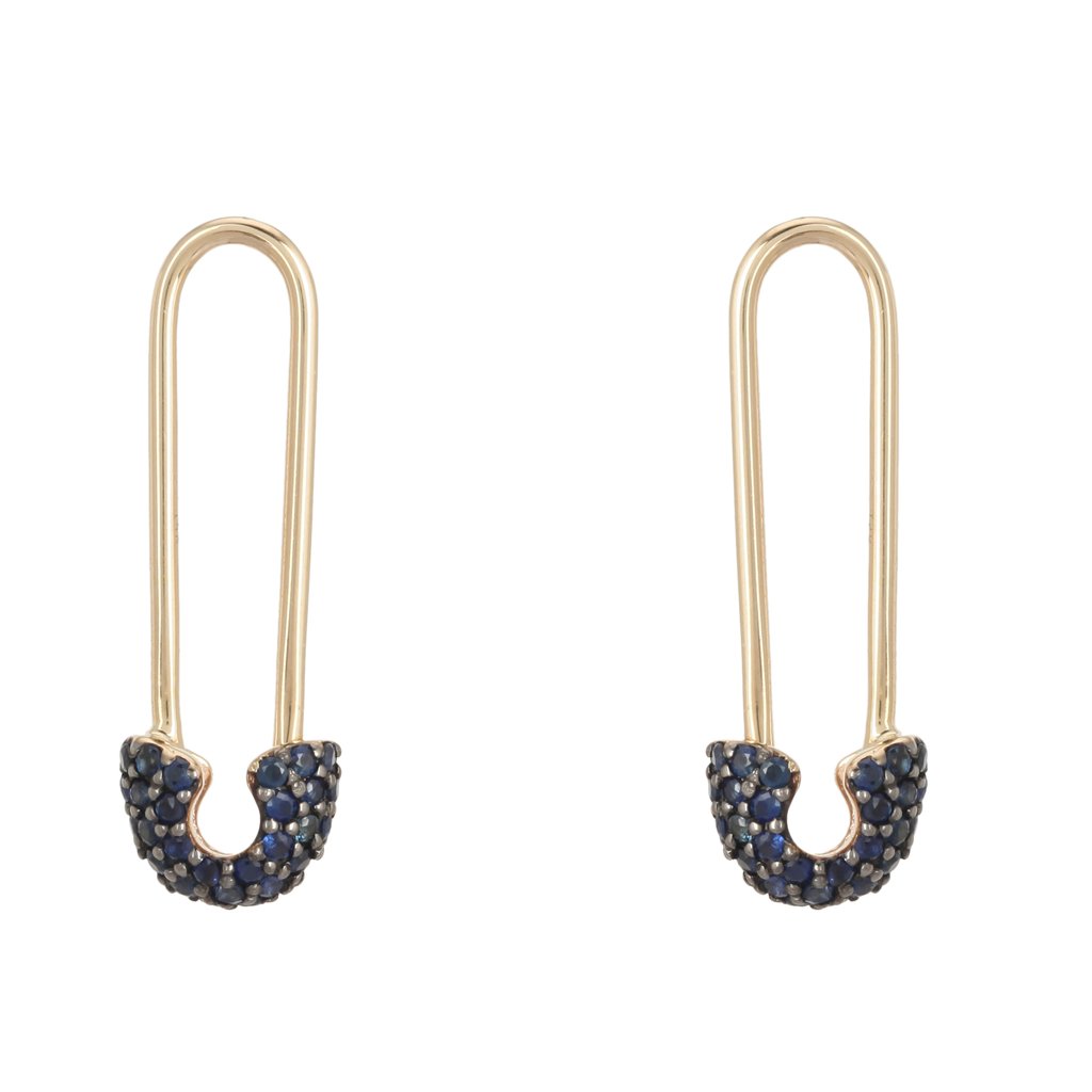 14K Gold Mini Blue Sapphire Safety Pin Earrings Single / Yellow Gold Izakov Diamonds + Fine Jewelry