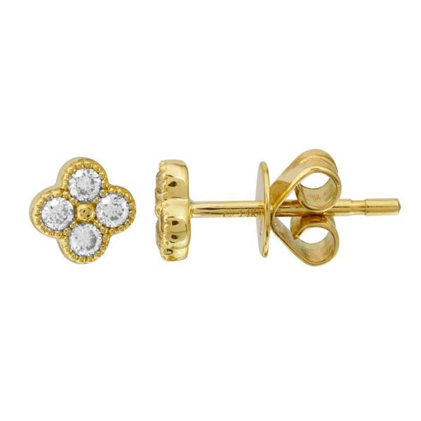 14K Gold Diamond Accented Clover Stud Earrings Pair / Yellow Gold Izakov Diamonds + Fine Jewelry