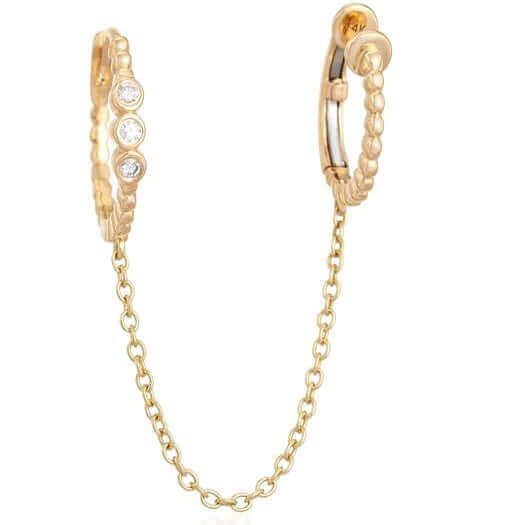 14K Gold Diamond Bezel Huggie Chained Ear Cuff Earring - Earrings - Izakov Diamonds + Fine Jewelry
