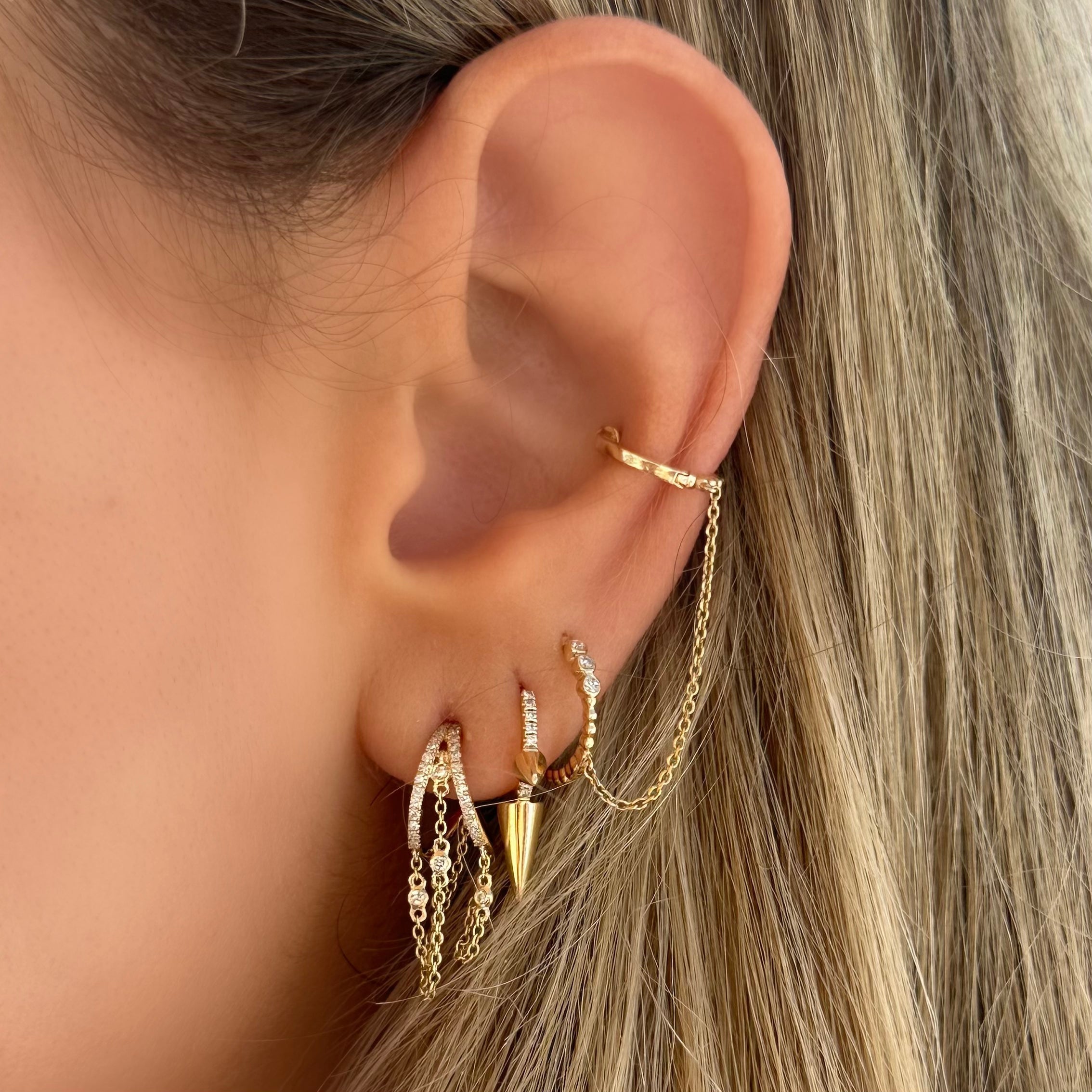 14K Gold Diamond Bezel Huggie Chained Ear Cuff Earring