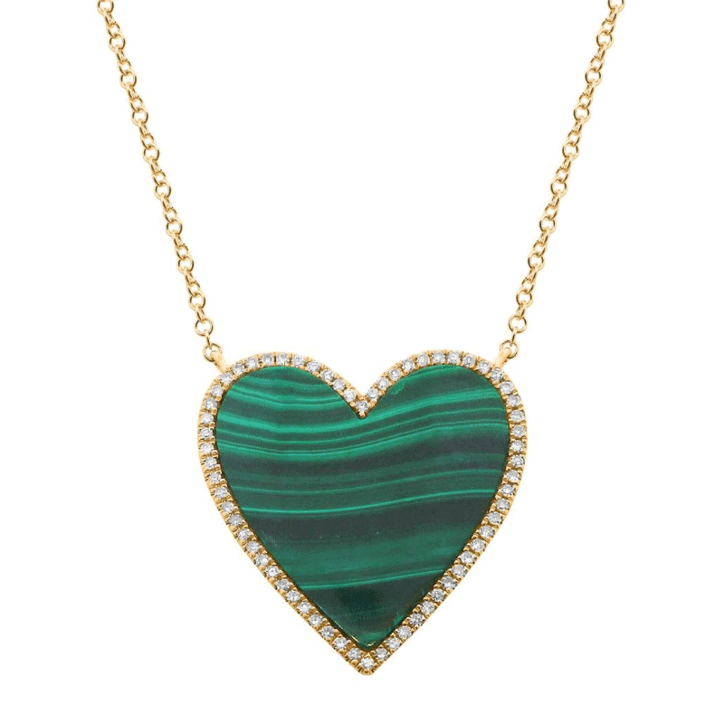 14K Gold Diamond Halo Large Malachite Heart Necklace - Necklaces - Izakov Diamonds + Fine Jewelry