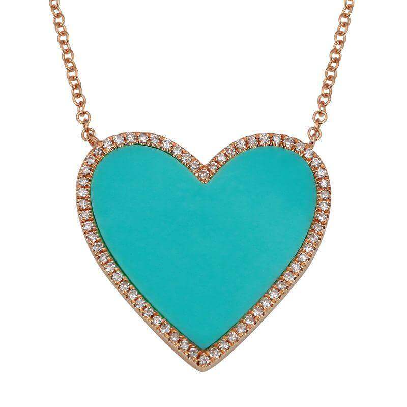 14K Gold Diamond Halo Large Turquoise Heart Necklace Rose Gold Izakov Diamonds + Fine Jewelry