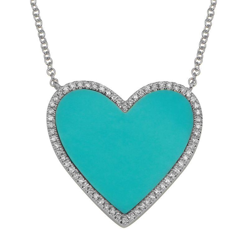 14K Gold Diamond Halo Large Turquoise Heart Necklace White Gold Izakov Diamonds + Fine Jewelry