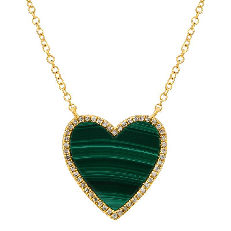 14K Gold Diamond Halo Medium Malachite Heart Necklace Yellow Gold Izakov Diamonds + Fine Jewelry