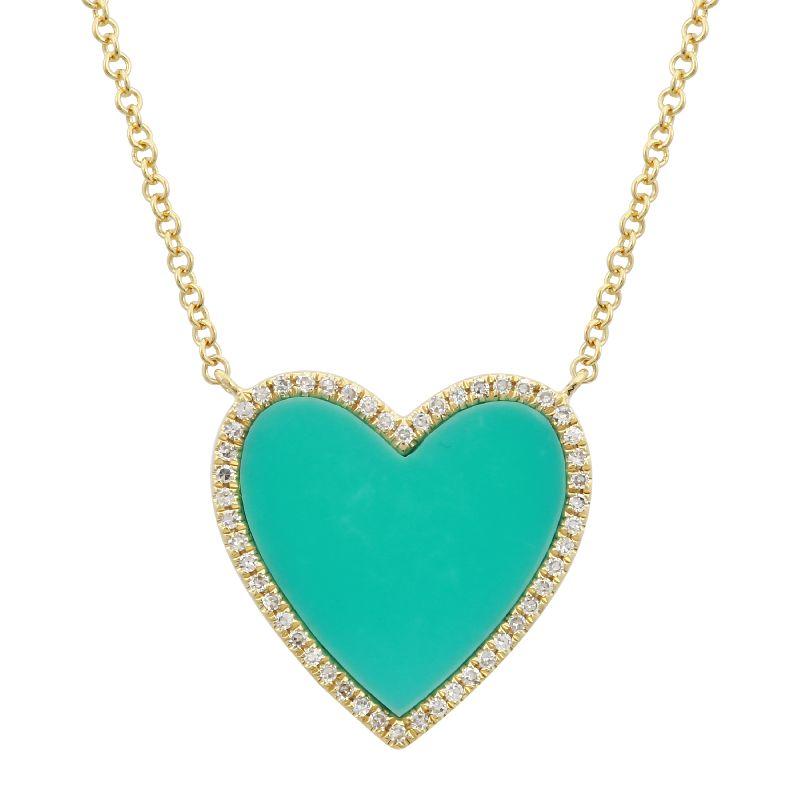 14K Gold Diamond Halo Medium Turquoise Heart Necklace - Necklaces - Izakov Diamonds + Fine Jewelry