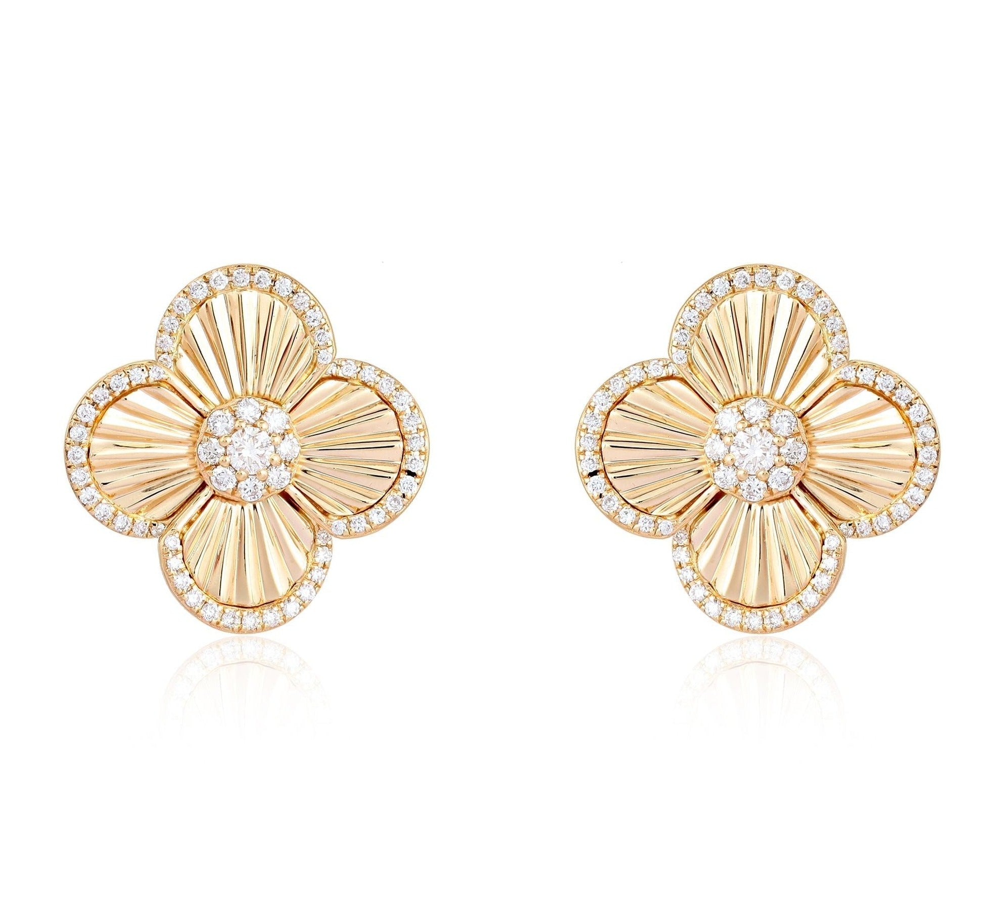 14K Gold Diamond Halo Radiating Clover Earrings Pair / Yellow Gold Izakov Diamonds + Fine Jewelry
