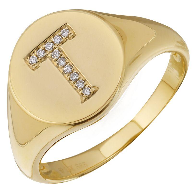 14K Gold Diamond Initial Signet Ring T / 5.5 / Yellow Gold Izakov Diamonds + Fine Jewelry