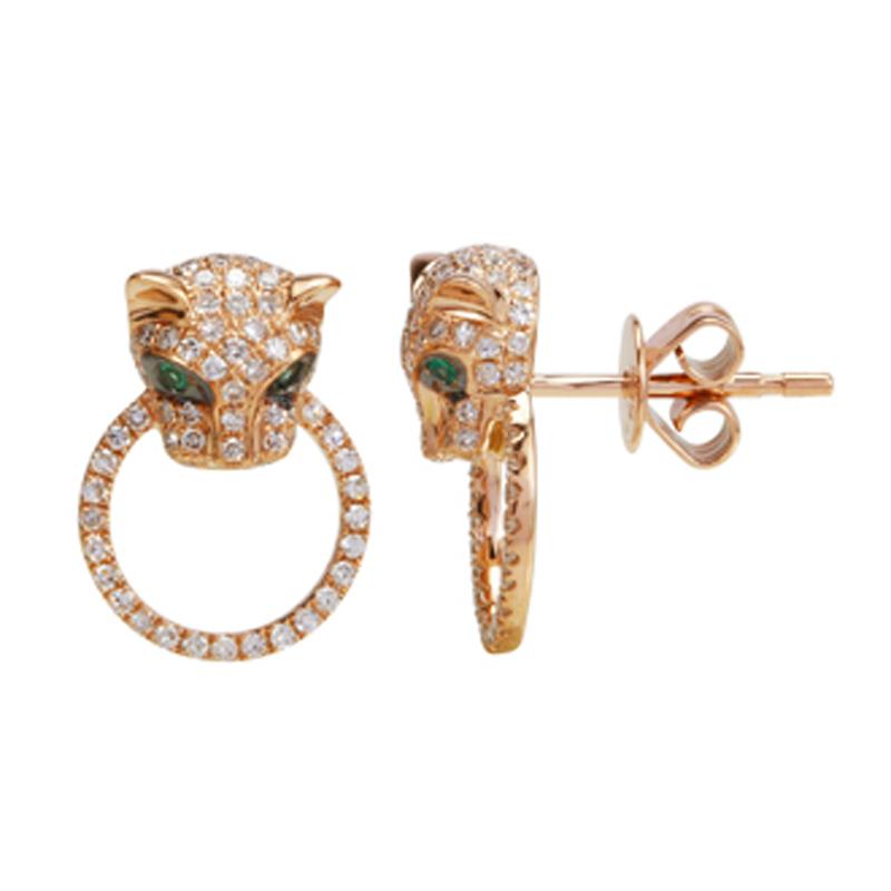 14K Gold Diamond Panther Door Knocker Button Earrings Rose Gold Izakov Diamonds + Fine Jewelry