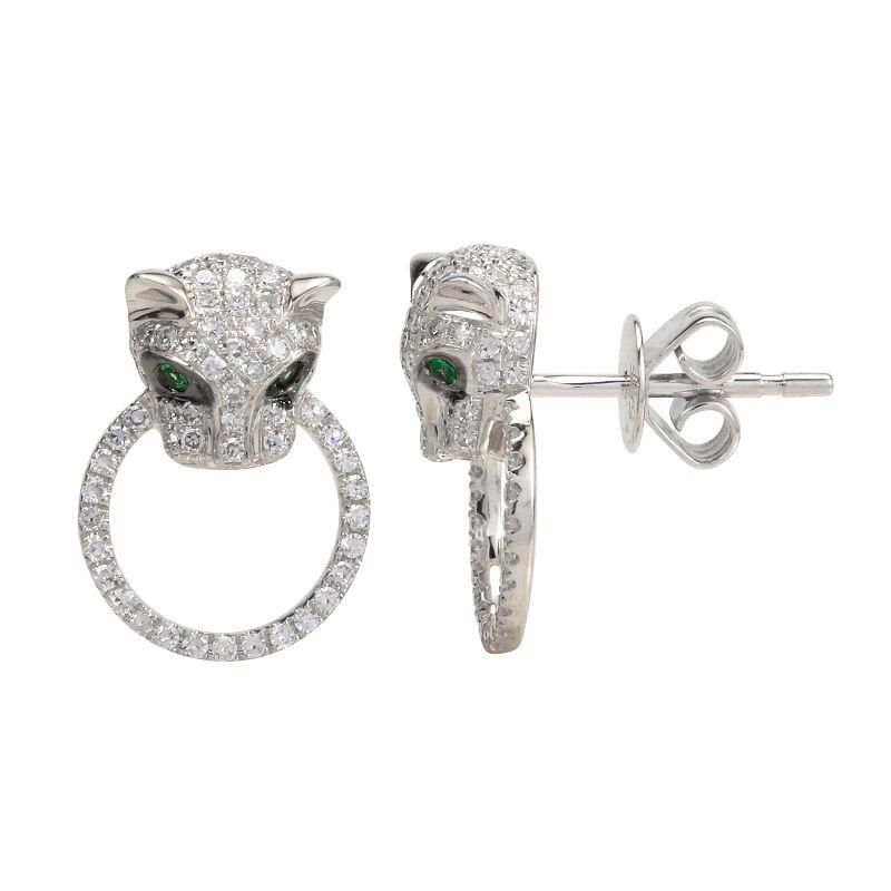 14K Gold Diamond Panther Door Knocker Button Earrings White Gold Izakov Diamonds + Fine Jewelry
