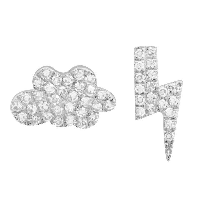 14K Gold Diamond Pave Bolt + Cloud Mismatch Button Earrings White Gold Izakov Diamonds + Fine Jewelry