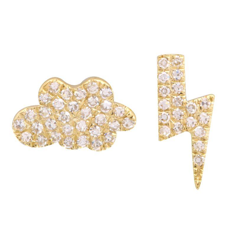 14K Gold Diamond Pave Bolt + Cloud Mismatch Button Earrings Yellow Gold Izakov Diamonds + Fine Jewelry