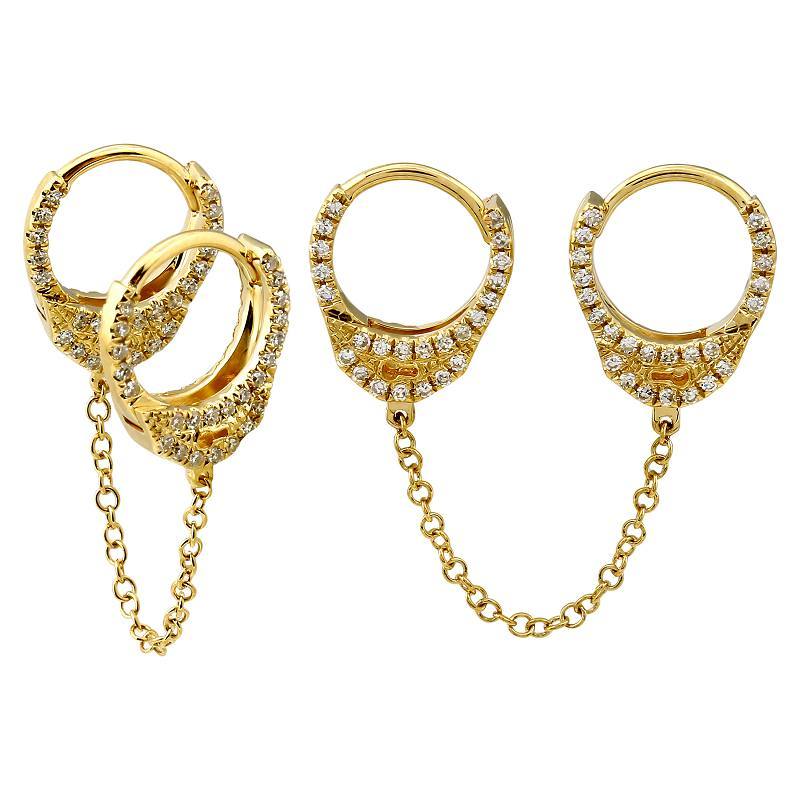14K Gold Diamond Pave Chained Handcuff Double Huggies Yellow Gold Izakov Diamonds + Fine Jewelry
