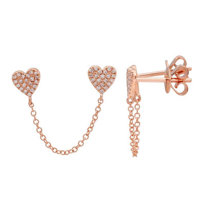 14K Gold Diamond Pave Chained Hearts Double Earring Rose Gold Izakov Diamonds + Fine Jewelry