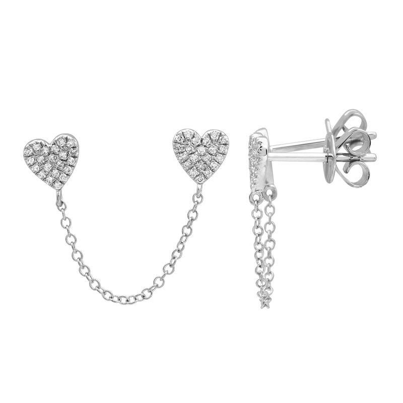 14K Gold Diamond Pave Chained Hearts Double Earring White Gold Izakov Diamonds + Fine Jewelry