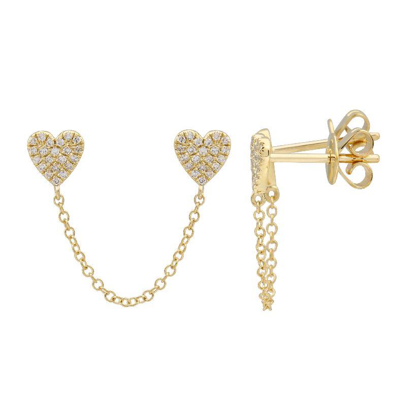 14K Gold Diamond Pave Chained Hearts Double Earring Yellow Gold Izakov Diamonds + Fine Jewelry