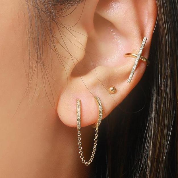 14K Gold Diamond Pave Chained Huggies Earring - Earrings - Izakov Diamonds + Fine Jewelry