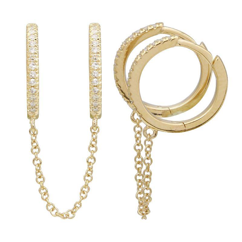 14K Gold Diamond Pave Chained Huggies Earring Yellow Gold Izakov Diamonds + Fine Jewelry
