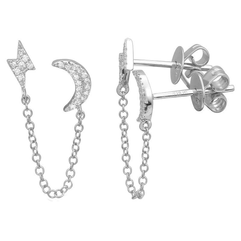 14K Gold Diamond Pave Chained Lightning Bolt & Moon Double Earring - Earrings - Izakov Diamonds + Fine Jewelry