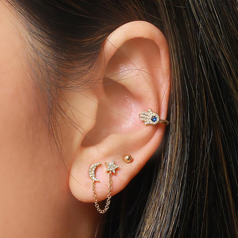14K Gold Diamond Pave Chained Star & Moon Double Earring Izakov Diamonds + Fine Jewelry