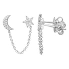 14K Gold Diamond Pave Chained Star & Moon Double Earring White Gold Izakov Diamonds + Fine Jewelry
