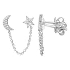 14K Gold Diamond Pave Chained Star & Moon Double Earring - Earrings - Izakov Diamonds + Fine Jewelry