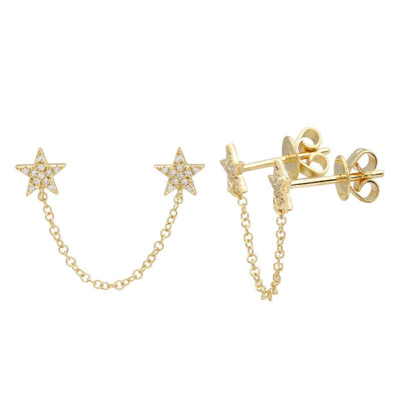 14K Gold Diamond Pave Chained Stars Double Earring Yellow Gold Izakov Diamonds + Fine Jewelry
