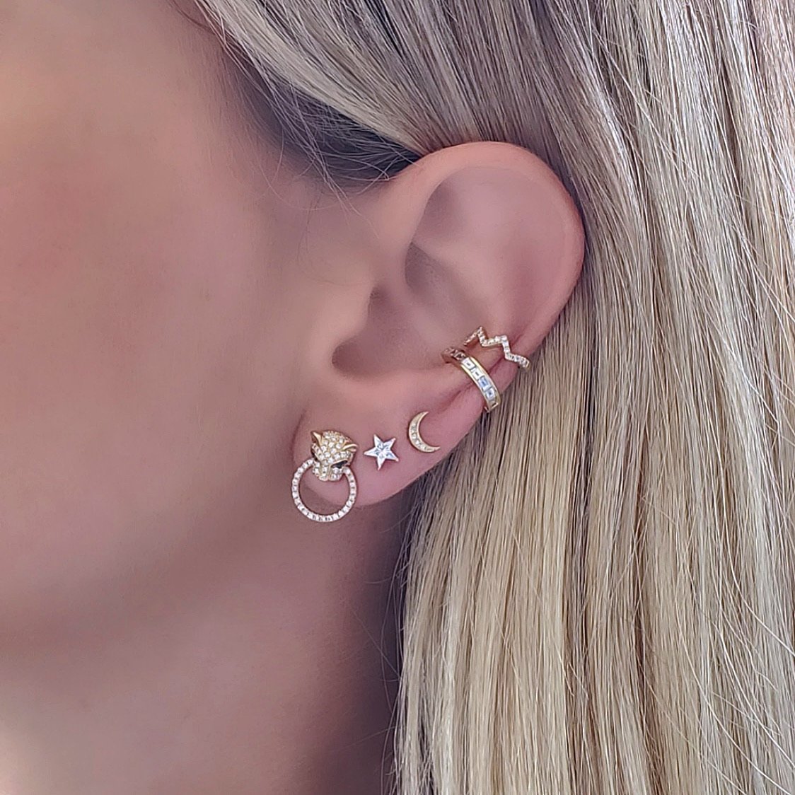 14K Gold Diamond Pave Crescent Moon Button Earrings - Earrings - Izakov Diamonds + Fine Jewelry