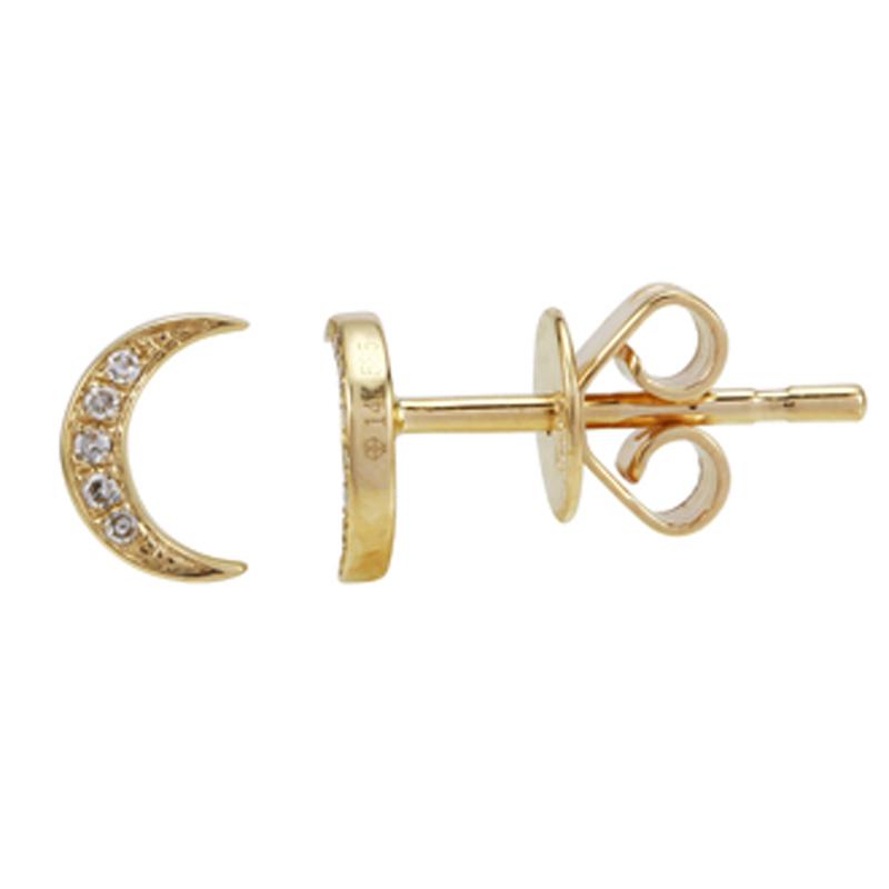 14K Gold Diamond Pave Crescent Moon Button Earrings Yellow Gold Izakov Diamonds + Fine Jewelry