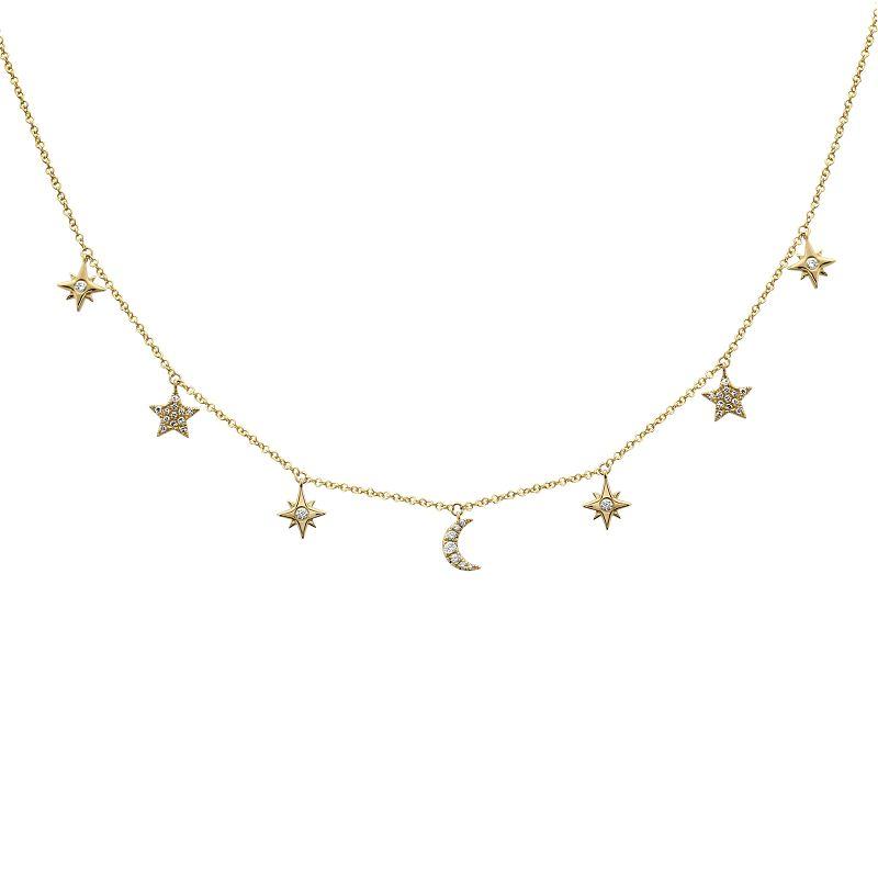 14K Gold Diamond Pave Dangling Moon + Stars Necklace Yellow Gold Izakov Diamonds + Fine Jewelry